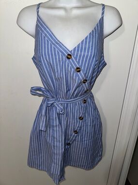 Light Blue Striped Button Strap Dress